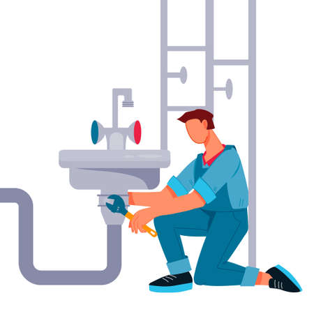 Plumbing service concept a repairman or plumber at work. Professional repair and cleaning of pipeline and bathroom equipment, flat vector illustration isolated.のイラスト素材
