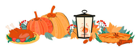 Horizontal banner for Thanksgiving or Halloween holidays with roasted turkey and pumpkin pie. Autumn party dishes and decorative elements, flat vector illustration isolated on white background.のイラスト素材