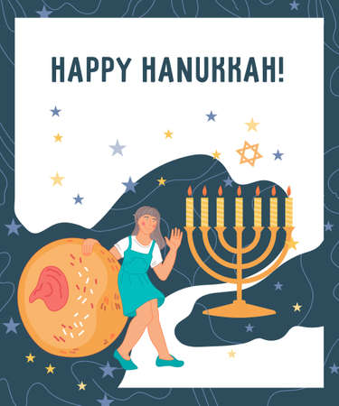 Card template for Jewish Hanukkah holiday with little girl cartoon character. Hanukkah traditional chandelier with nine candles and donut, flat vector illustration.のイラスト素材