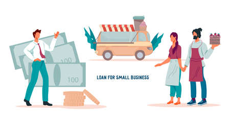 Loan for small business development website banner template with business owners and bank agent. Financial support of small business and entrepreneurship, flat vector illustration for web page.のイラスト素材