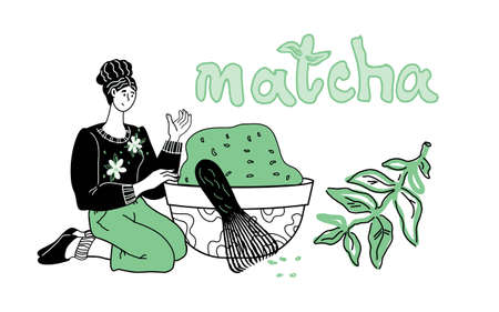 Woman preparing matcha tea cartoon vector illustration. Banner or card of japanese or chinese green matcha tea in hand drawn style for packaging or teahouse cafe.のイラスト素材