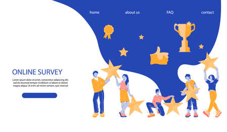 Top rating five stars and best quality web banner template with people hold stars rating. Concept of best company and market leadership for web site or landing page, flat vector illustration.のイラスト素材