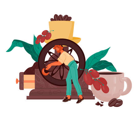 Banner or card design for coffee shop or cafe with man grinds beans on a manual coffee grinder, flat cartoon vector illustration isolated on white background. Image for coffee packaging or menu.のイラスト素材