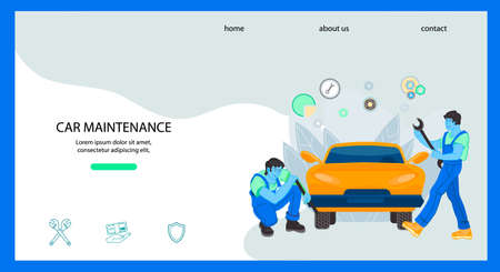 Website banner template for car maintenance, repair and tire service, flat vector illustration. Web banner or landing page interface for automobile workshop with characters of mechanics.のイラスト素材