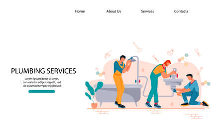 Plumbing website page template with plumbers team characters working with pipeline, flat vector illustration. Emergency service of water supply and sewerage.のイラスト素材
