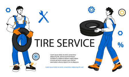 Tire service or car repair garage advertising banner or flyer template with car mechanics cartoon characters. Tire workshop service banner design in simple style flat vector illustration.のイラスト素材