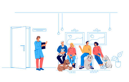 People in queue to veterinarian and doctors assistant invites patient to veterinarian office, flat vector illustration isolated on white background. Pets care and veterinary assistance to animals.のイラスト素材