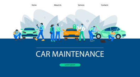 Car maintenance and repair shop web banner design. Landing page interface template for car services with cartoon characters of garage workers and auto owners, flat vector illustration.のイラスト素材