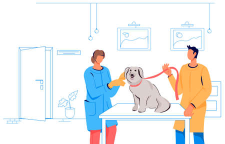Veterinary doctor examining a sick dog in vet clinic office. Veterinary office or hospital scene with cartoon characters of doctor, pets owner and dog, flat vector illustration isolated on white.のイラスト素材