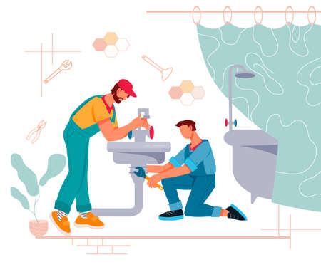 Two repairman or plumbers repairing sink in bathroom, flat vector illustration isolated on white background. Plumbing service staff male cartoon characters at work.のイラスト素材
