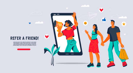 Referral marketing program web banner template with woman inviting friends for sale and happy buyers, flat vector illustration. Refer a friend an advertising concept for a website or app.のイラスト素材