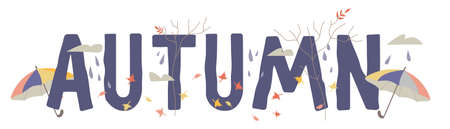 Autumn typographic banner template with umbrellas. Autumn poster background with yellow leaves for seasonal events and sales, flat vector illustration isolated on white backdrop.のイラスト素材