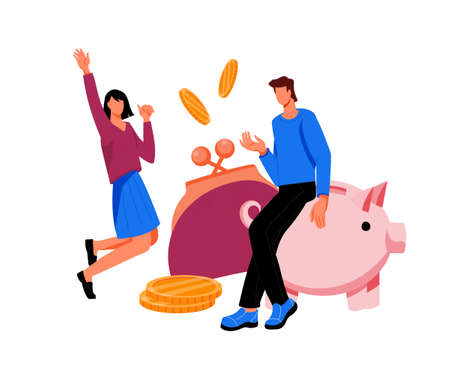Banner of saving money and investment, making profit concept with cartoon characters and piggy bank. Saving budget and increasing income - business people or family happy to save money, flat vector.のイラスト素材