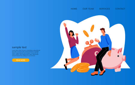 Web banner template with business people happy of saving money and getting profitable investment. Money savings, earnings and financial success, flat vector illustration on bright background.のイラスト素材
