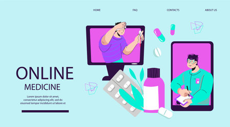 Patient getting medical advice of professional doctor online. Online medical consultation and virtual doctor, telemedicine and remote prescription or treatment concept, cartoon vector illustration.のイラスト素材