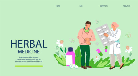 Herbal medicine website with pharmacist or alternative medicine doctor offering herbal medications to patient. Alternative herbs medicine and natural pharmaceutical production, vector illustration.のイラスト素材