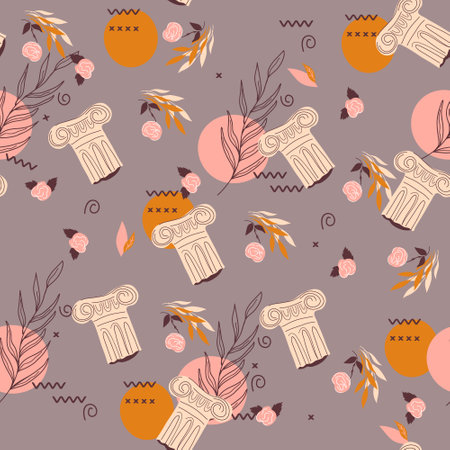 Seamless pattern with antique column and plants elements. Abstract repeatable decorative texture...