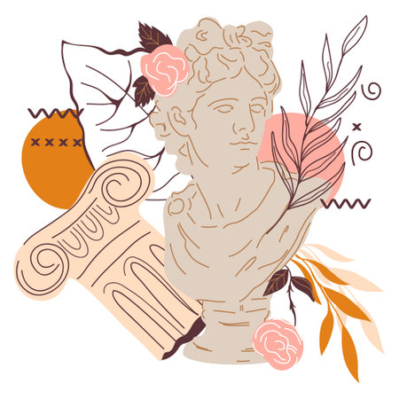 Creative decorative image with statue of Greek god Apollo and plants, flat vector illustration isolated on white. Ancient Greek sculpture decorated with leaves and abstraction for cards and t-shirts.のイラスト素材