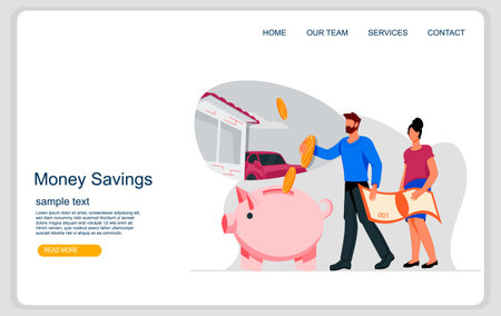 Money saving and family shopping planning website interface template with people putting coins into a pink piggy bank. Web banner for family budget wastes reduce and economy concept, flat vector.のイラスト素材
