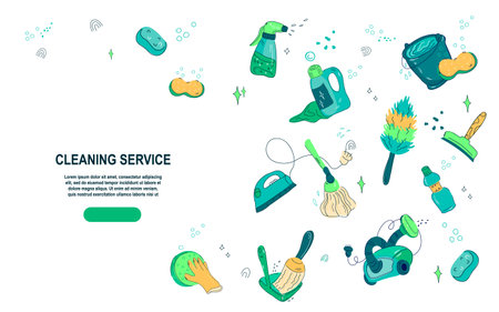 Cleaning service website banner template with various householding and washing accessories. Web Page design with detergent products and cleaning tools, doodle style cartoon vector illustration.のイラスト素材
