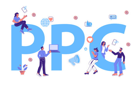 Pay Per Click banner with tiny business people next to giant PPC word. PPC business marketing...