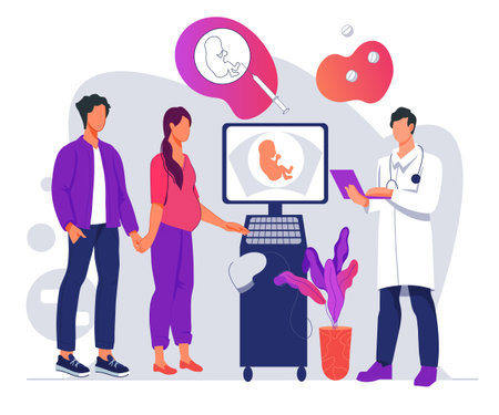 Banner for family planning and medical care during pregnancy. Couple at doctors appointment. In vitro fertilization and family reproductive care, flat vector illustration isolated on white background.のイラスト素材