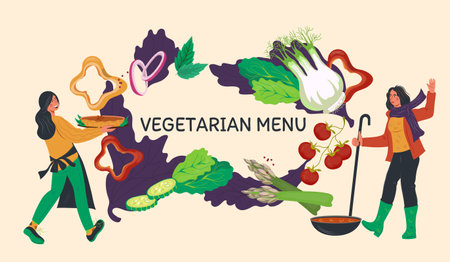 Vegetarian menu banner or cover background with cartoon characters of tiny women preparing food from vegetables, flat vector illustration. Restaurant vegetarian menu and recipes poster.のイラスト素材