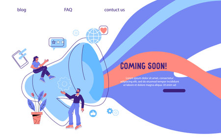 Web banner with people shouting on megaphone and coming soon text, cartoon vector illustration. Website page for business announcement and promotion.のイラスト素材