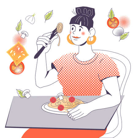 Woman cartoon character eating pasta, vector illustration isolated on white background. Young girl dining with spaghetti. Italian food and cuisine concept.のイラスト素材