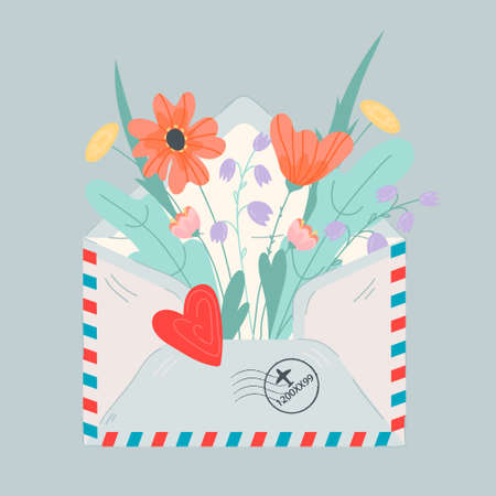 Romantic spring and summer image of mail letter envelope with flowers inside, flat vector illustration isolated on background. Retro airmail envelope, message and love letter concept.のイラスト素材