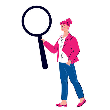 Business woman with huge magnifying glass as metaphore of explore, reseach and informartion seeking, cartoon vector illustration isollated on white backgound.のイラスト素材