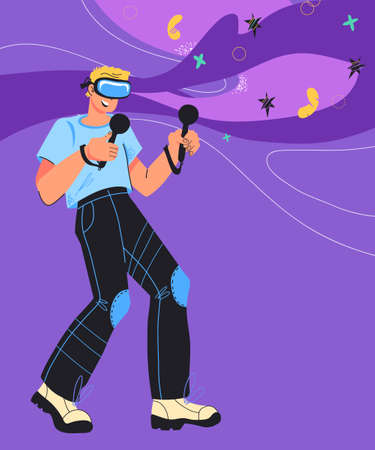Banner backdrop for computer games and virtual reality with cartoon character, vector illustration. Entertainments with using technology of augmented reality or VR.のイラスト素材