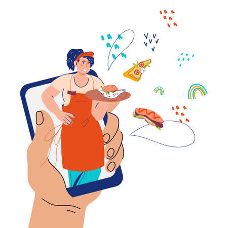 Online restaurant food delivery application concept with waitress serving food, flat cartoon vector illustration isolated on white. Mobile application and website of take away food online services.のイラスト素材