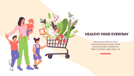 Healthy food delivery concept of website with cute family getting fresh vegetables, flat vector illustration. Online food and delivery of healthy eating web banner template.のイラスト素材