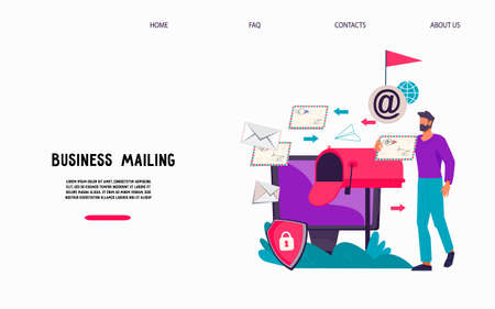 Business mailing and Email marketing.web banner template with man getting correspondence on his inbox, flat vector illustration. Landing page for mailing services.のイラスト素材
