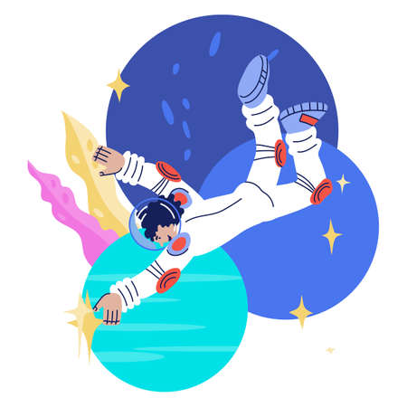 Cosmonaut, astronaut or spaceman female comic character. Universe research, space exploring and education concept, cartoon vector illustration, isolated on white background.のイラスト素材