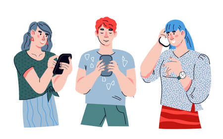 Young people holding smartphones, cartoon flat vector illustration isolated on white background. People sending messages and talking on phone. Mobile internet and social media technology.のイラスト素材