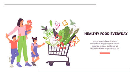 Website healthy fresh food delivery and sale concept with cute family buying vegetables, flat vector illustration. Online food and delivery vegetarian food web banner template.のイラスト素材