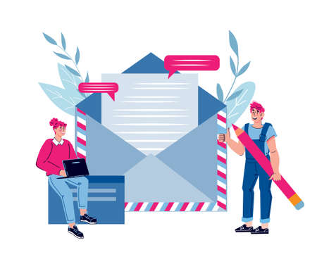 Mailing services concept with tiny people next to huge letter in post envelope. Online marketing and communication, electronic mail message, cartoon vector illustration isolated on white.のイラスト素材