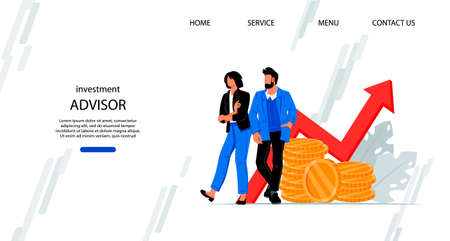 Website banner template for investment advisor financial service. Savings, tax, and investments consultation concept of landing page or web banner flat vector illustration.のイラスト素材