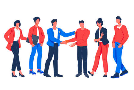 Group of business people and office colleagues communicating and shaking hands, flat vector illustration isolated on white background. Business team or company management collaboration.のイラスト素材