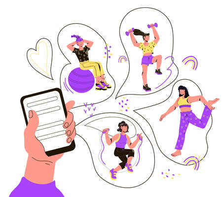 Online mobile app for women sport workout and fitness tracking, cartoon vector illustration isolated on white background. Banner with hand of person choosing kind of training on mobile phone.のイラスト素材