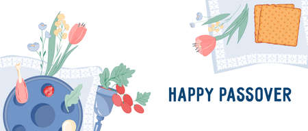Jewish Passover festive website banner template with items for holiday celebration. Pesach or...