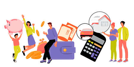 Family budget and money saving banner with young married couples, flat vector illustration isolated on white background. Family expenses, investments and bank savings programs.のイラスト素材
