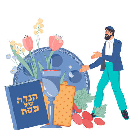 Jewish Passover banner or greeting card with male character and traditional Passover items. Text on Hebrew on book Pesach and Passover tale, flat vector illustration isolated on white background.のイラスト素材