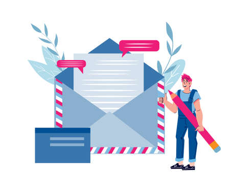 Mailing services and email concept with tiny man standing next to huge letter in post envelope. Online marketing and communication, electronic mail, cartoon vector illustration isolated on white.のイラスト素材
