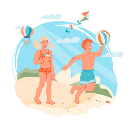 Summer day on the beach with children by the sea or river. Decorative element with kids in swimsuits. Boy and girl on summer vacation, flat vector illustration isolated on white background.のイラスト素材