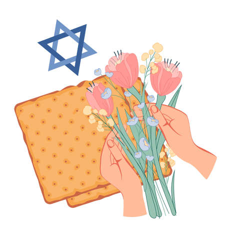 Jewish Passover banner or greeting card with hands holding spring flowers. Pesach and Passover holiday poster backdrop for web and print, flat vector illustration on white background.のイラスト素材