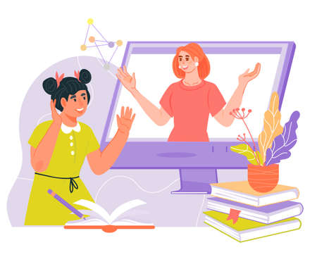 Children online education banner with cute child and teacher communicating via computer. Distance learning online education for children. Schoolgirl studies at home, flat vector isolated on white.のイラスト素材