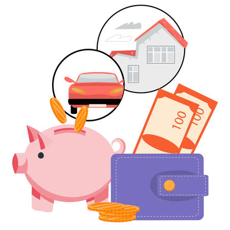 Piggy bank with falling coins and wallet. Symbol of money savings, bank deposit, credit or mortgage, flat vector illustration isolated on white background.のイラスト素材